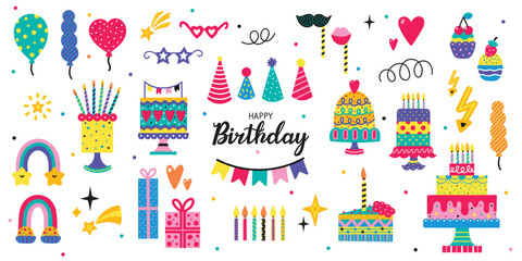 Happy Birthday doodle set. Sketch party decoration, gift box, cake, party. Hand drawn elements. Vector silhouette illustration