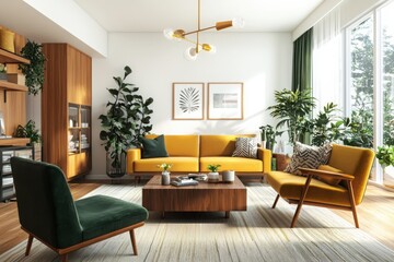Midcentury modern living room design home interior visual art cozy environment interior perspective earthy tones and iconic furniture