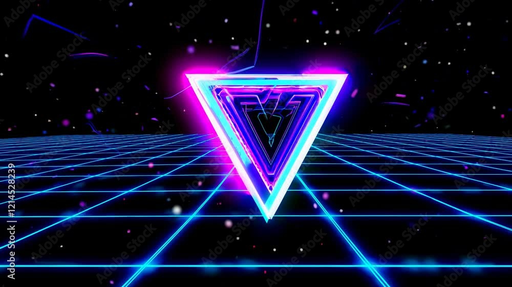 Poster glowing neon triangles float over a retro grid in a digital world, creating a vibrant and futuristic