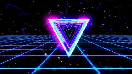 Glowing neon triangles float over a retro grid in a digital world, creating a vibrant and futuristic scene with a touch of 80s nostalgia, perfect for any project needing a retro-futuristic vibe - Powered by Adobe
