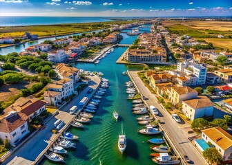 Obraz premium Palavas-les-Flots Aerial: Canal, Marina, Beach & Coastal Landscape from Transcanal Cable Lift - September 2024