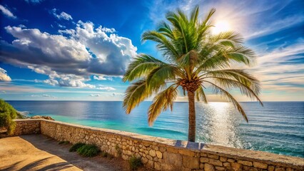 Palm Tree by Coastal Stone Fence - Sea View Stock Photo