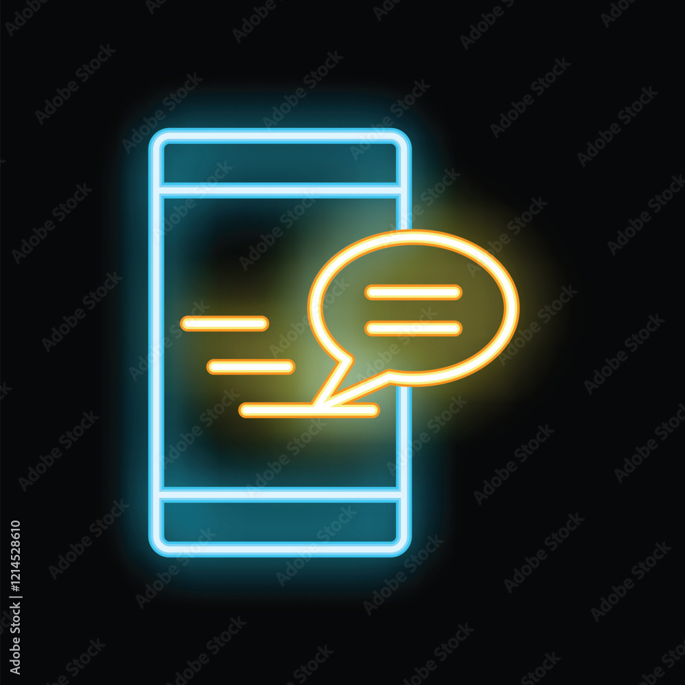 Poster glowing neon smartphone showing online messaging app with chat bubble for communication