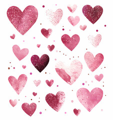 Colorful hearts in various shades of pink and red with confetti