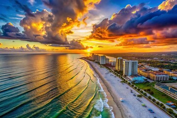 Panama City Beach Sunset Aerial Drone View: Golden Hour Coastal Scene