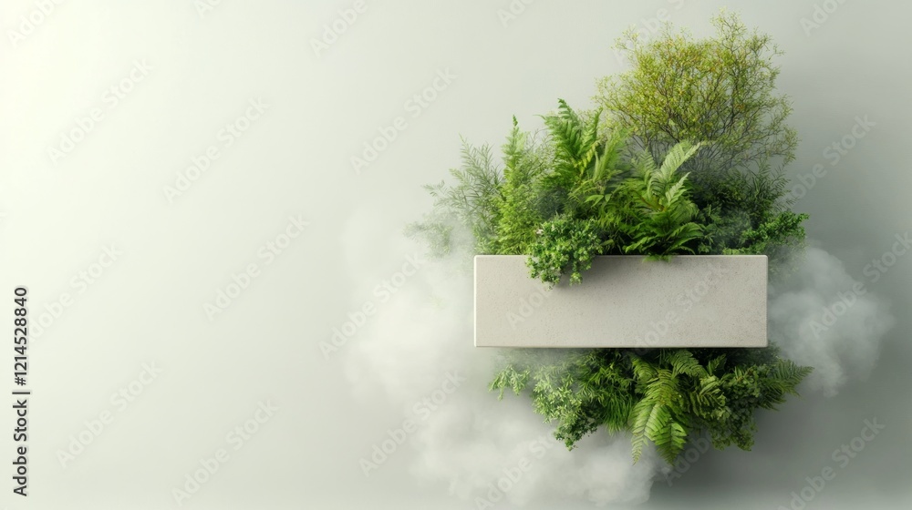 Aufkleber lush greenery emerging from a blank rectangular surface surrounded by mist.