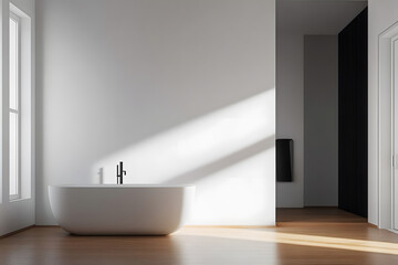 Minimalist bathroom interior with blank white wall and natural lighting. 3D Rendering