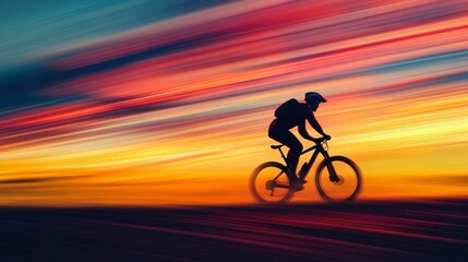 Obraz premium A mountain biker silhouetted against a sunrise as they speed downhill, their figure crisp while the sky and trail behind blur into streaky patterns of orange and pink