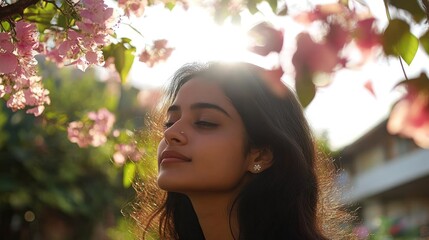 Fototapeta premium Serene Woman Inhaling Blossoms: A Portrait of Tranquility Under the Sunlit Pink Bougainvillea