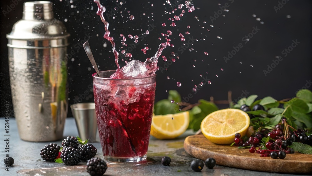 Poster a closeup of a tail shaker with vibrant elderberry tonic splashing out capturing the dynamic motion.