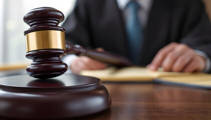 Judge's gavel resting on stand in courtroom. Close-up of a wooden gavel, positioned on its stand, in a courtroom setting