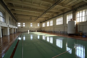 Spacious Indoor Gymnasium with Bright Natural Light and Glossy Green Floor, Ideal for Sports, Activities, and Events in a Modern Architectural Setting