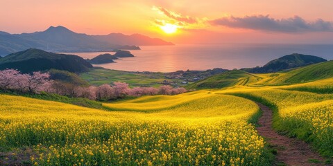 Coastal Sunset Over Yellow Flowers And Cherry Blossoms