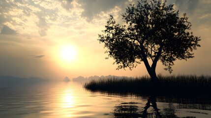 Sunset Silhouette  Tranquil Lake  Tree  Golden Hour