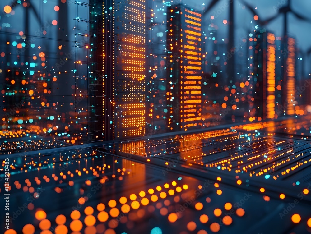 Poster radiant renewable resource lab with optimizing interfaces in futuristic cityscape