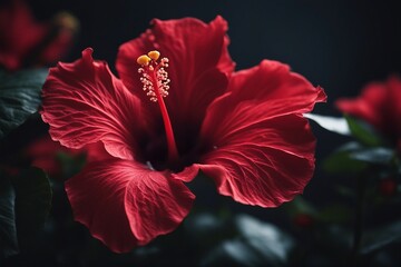 Vibrant Red Hibiscus Flower Illuminated by Soft Nighttime Lighting, Generative AI