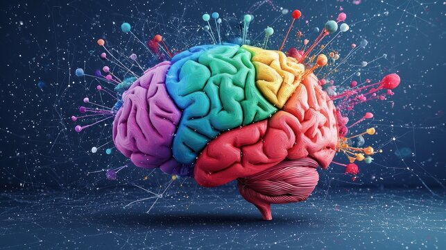 A side view of a brain illustration with colorful sections highlighting different cognitive functions