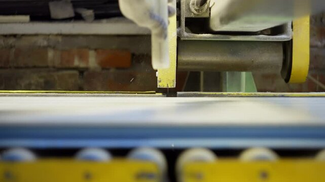 Close-up of cutting polystyrene panels with a saw in production. High quality 4k footage