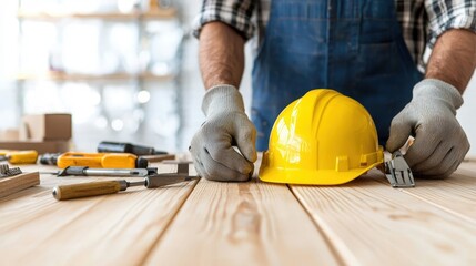 Fototapeta premium Construction Tools and Hard Hat on Wooden Table