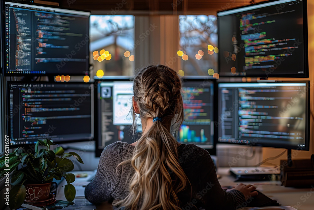 Poster web developer working on computer at desk.