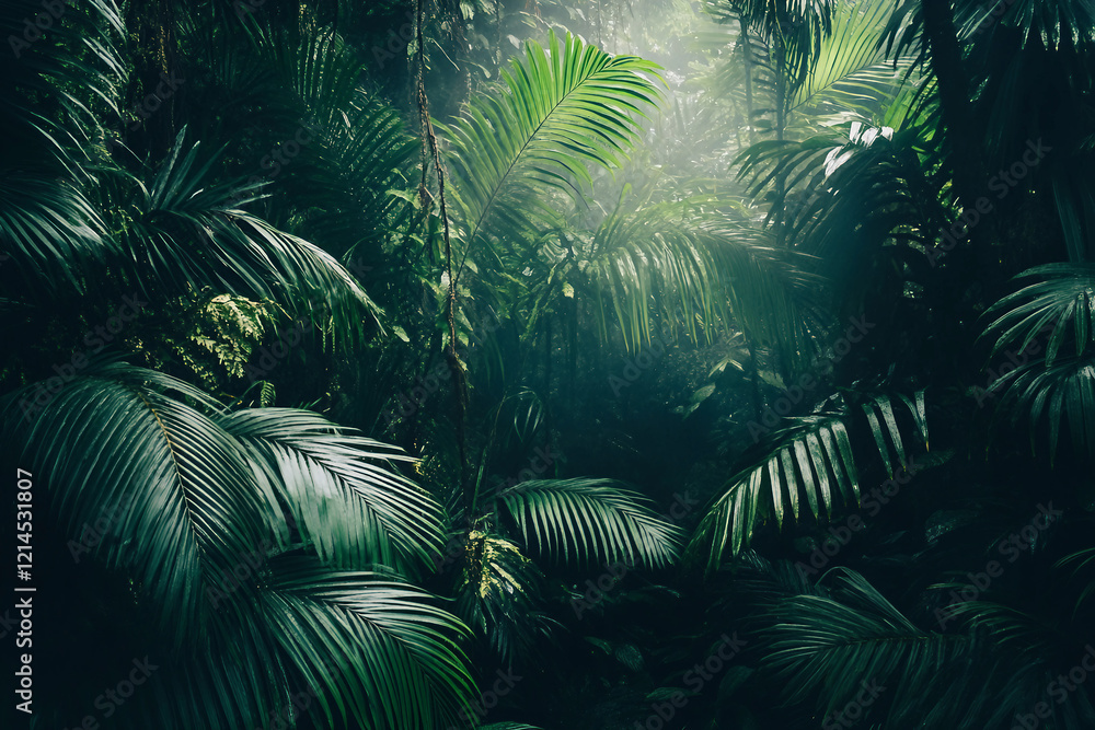 Poster a beautiful tropical island with palm trees surrounded by mountains generative ai image