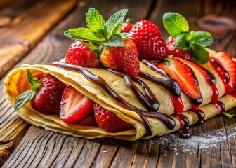 Panoramic Delicious Crepe with Fresh Strawberries and Chocolate Sauce