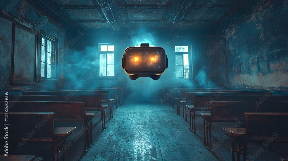 Poster futuristic classroom with glowing virtual reality headsets transporting students into different hist
