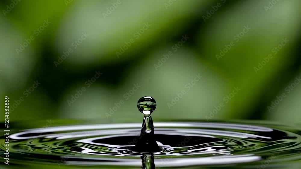 Poster single water droplet creates expanding concentric ripples on a reflective surface against a blurred 