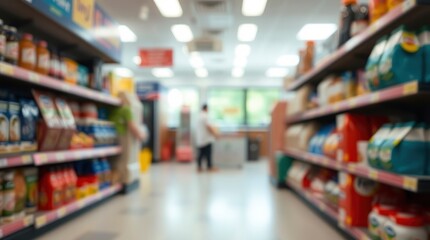 Fototapeta premium Blurred Convenience Store Shelves: A Soft-Focus Retail View