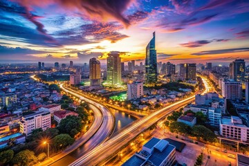 Fototapeta premium Panoramic Drone View of Ho Chi Minh City at Twilight - Long Exposure Cityscape