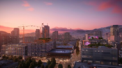 Fototapeta premium Cityscape at Dusk: A breathtaking panoramic view of a modern city skyline at dusk, with construction cranes silhouetted against a vibrant sunset.