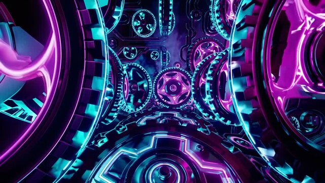 Interlocking neon gears spin in a complex mechanical system, illuminating the dark with vibrant blue and purple light, creating a mesmerizing technological spectacle