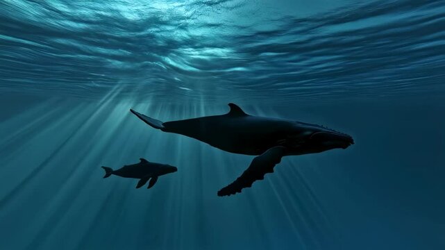 Sunbeams illuminate a humpback whale and its calf swimming gracefully through the deep blue ocean, creating a serene and awe inspiring underwater scene