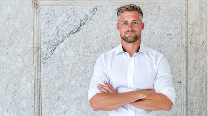 Fototapeta premium Confident man, arms crossed, marble background, portrait. Use Business profile