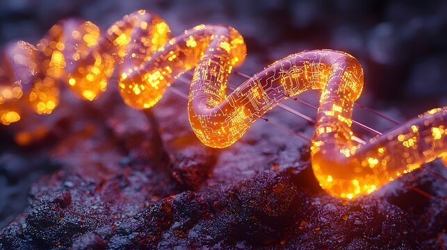 Glowing DNA Strand Fused with Intricate Circuitry Symbolizing Genetic Engineering and Technology