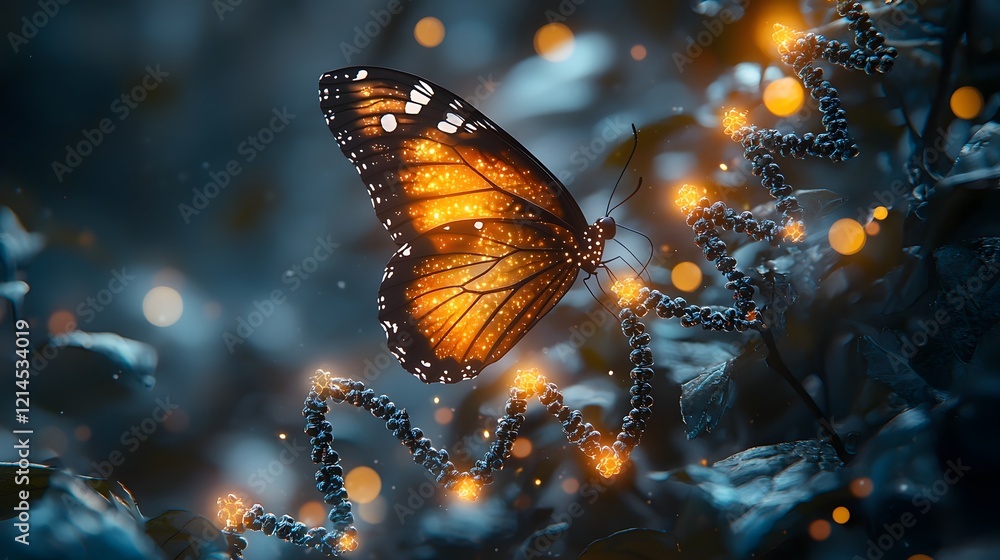 Poster glowing butterfly with genetic patterns representing enhancements in nature