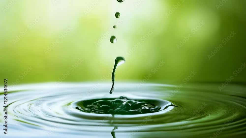 Poster crystal clear water droplets falling onto a tranquil green surface. creating mesmerizing concentric 