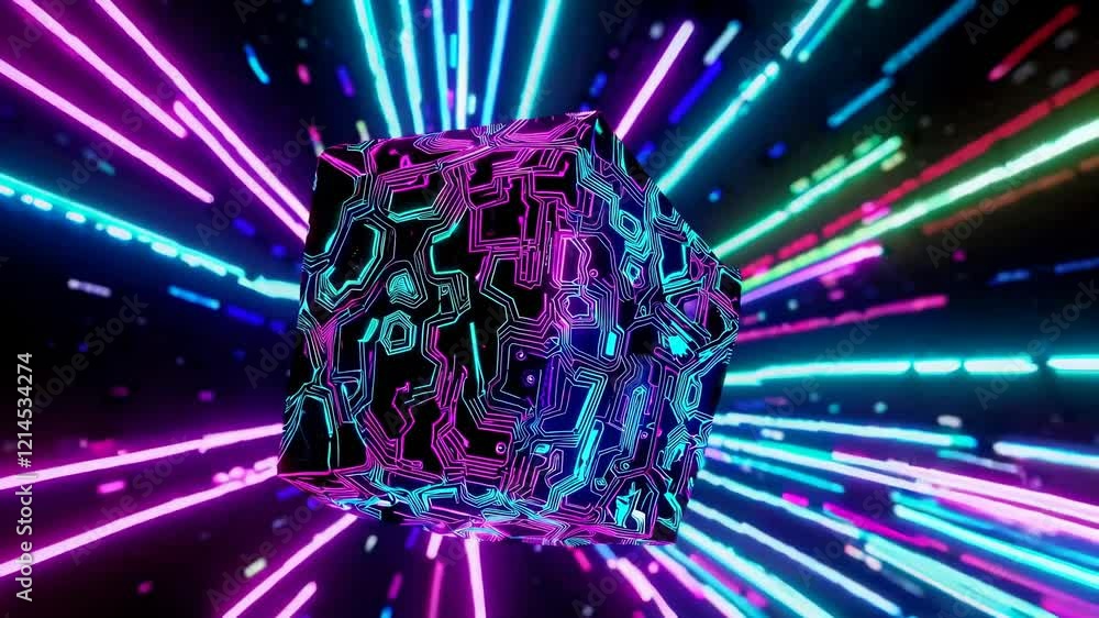 Poster glowing neon cube rotating in space with futuristic circuit board pattern and colorful light trails 