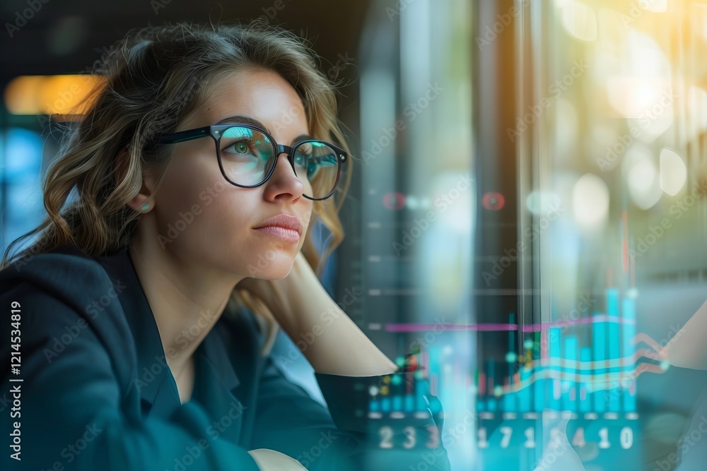 Poster woman analyst utilizing financial business analytics data dashboard