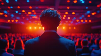 Speaker addressing a large audience in a brightly lit conference hall