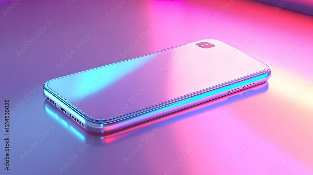 Poster dynamic 3d render of a smartphone, placed on a neon-lit stage with multicolored reflections and grad