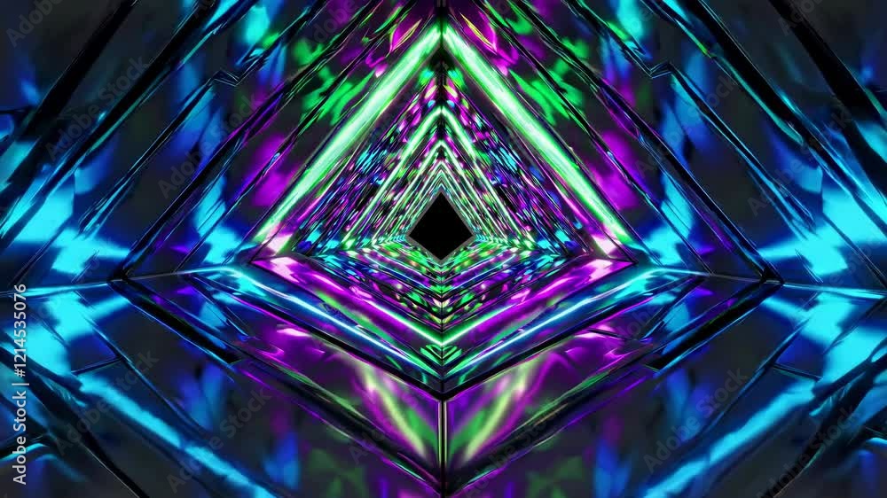 Poster glowing green and purple neon lights illuminate a triangular tunnel with reflective surfaces, creati