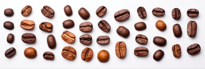 Obraz premium Isolated Coffee Beans Heap on White Background. Topview of Freshly Roasted Dark Beans, Natural Food Concept