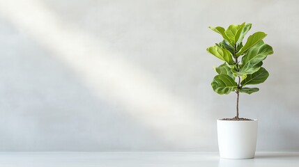 Minimalist image of a Fiddle Leaf Fig in a white pot against a light grey wall, evoking simplicity and elegance.