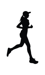 A silhouette of a woman running with determination, wearing a cap and athletic attire. The dynamic pose captures the energy and motion of a runner in mid-stride