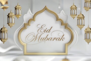 Naklejka premium Elegant Eid Mubarak Greeting with Hanging Lanterns,Islamic lantern,Mosque and Star background,Ramadan Kareem,Eid al fitr,Eid al Adha,Happy Muharram,empty for text