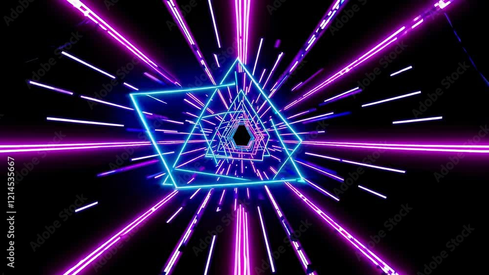 Poster purple and blue neon lights streak across a black background as a tunnel of geometric shapes rotates