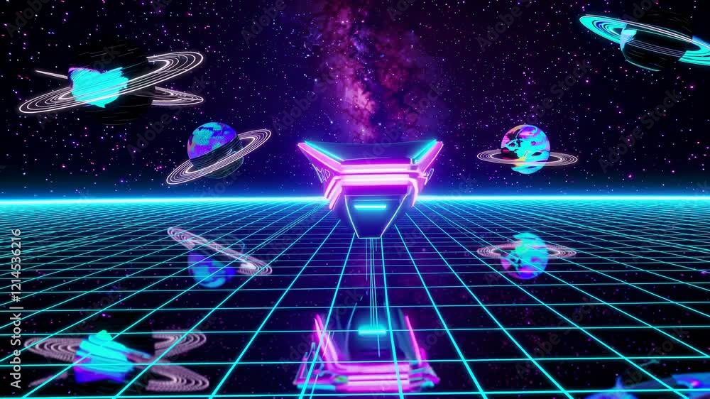 Poster retro spaceship soaring above a vibrant neon grid surface, with colorful reflections of planets and 