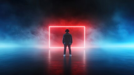 Person in Front of Neon Frame with Smoke Background