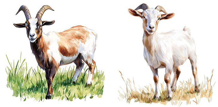 Playful goats grazing in a sunny meadow animal vibrant nature whimsical art style